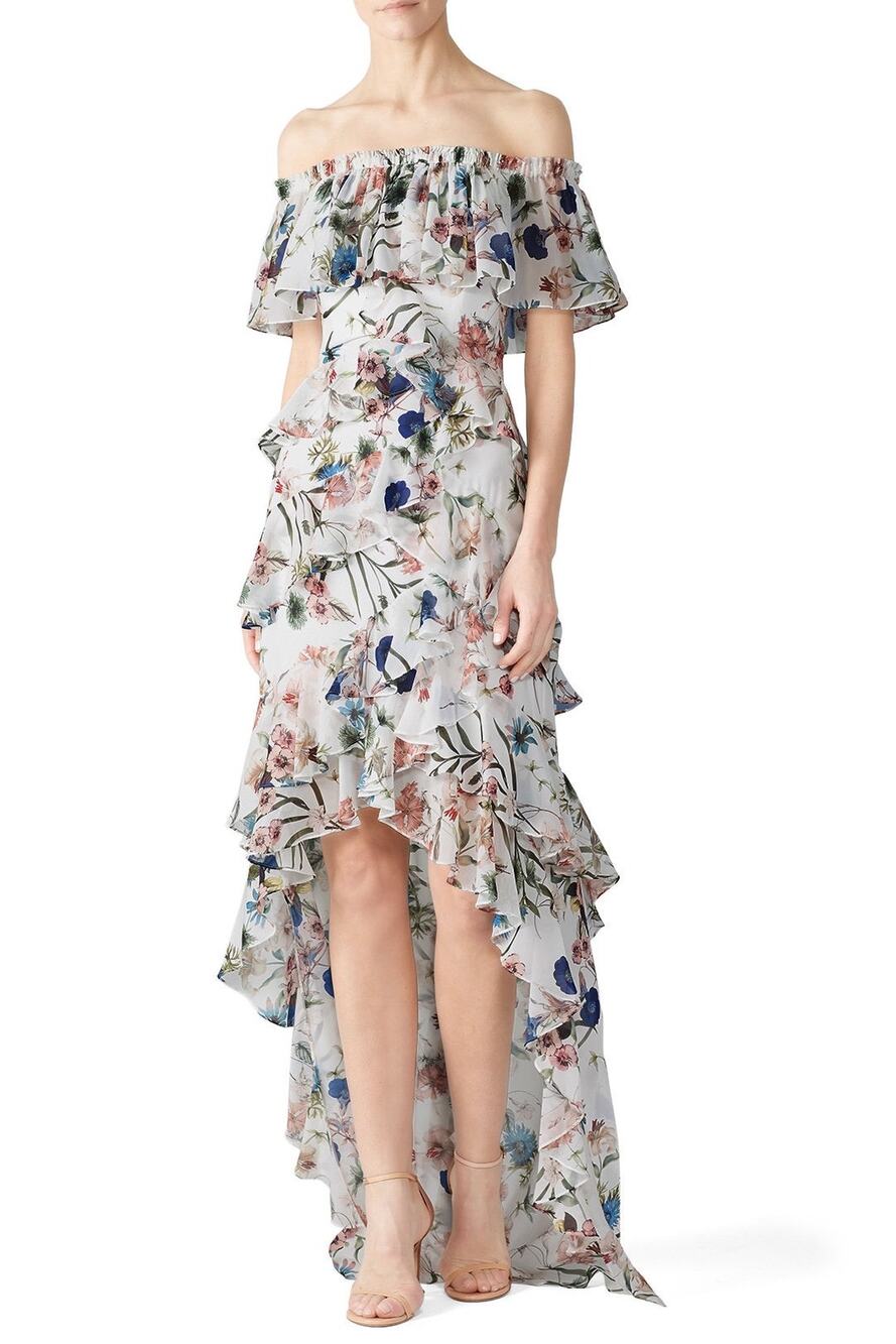BADGLEY MISCHKA White Floral Printed Off-Shoulder Ruffles High-Low Maxi Dress 16